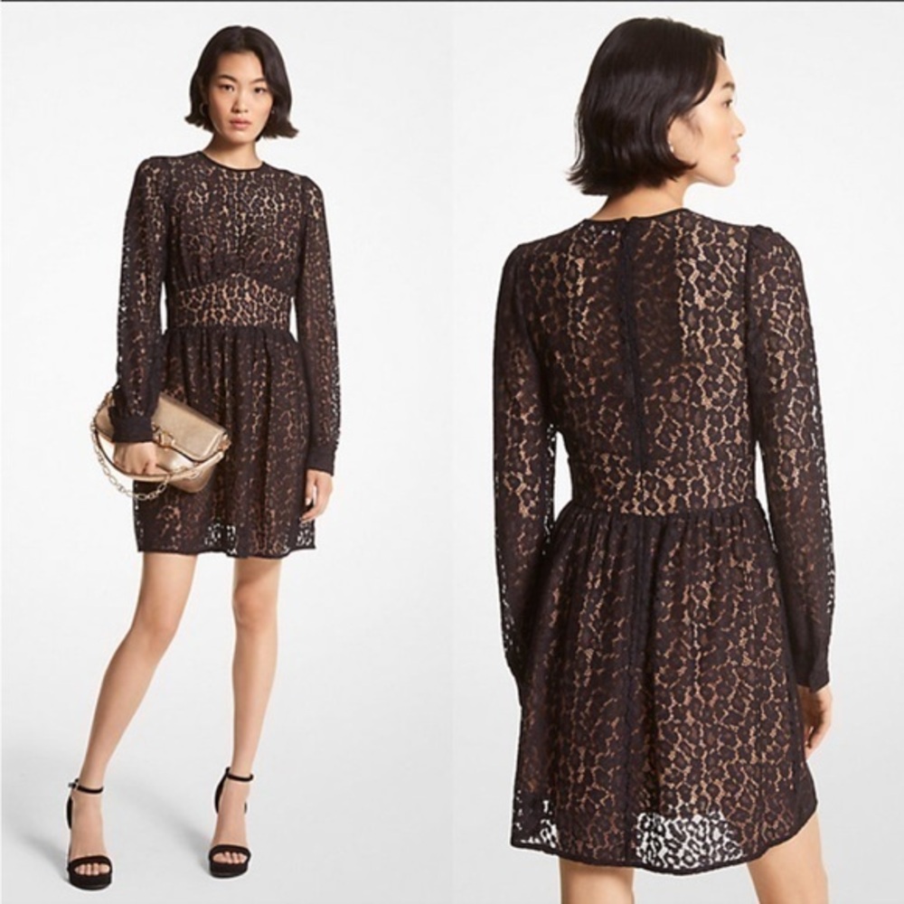 Michael Kors Leopard Corded Lace slong sleeves black Mini Dress